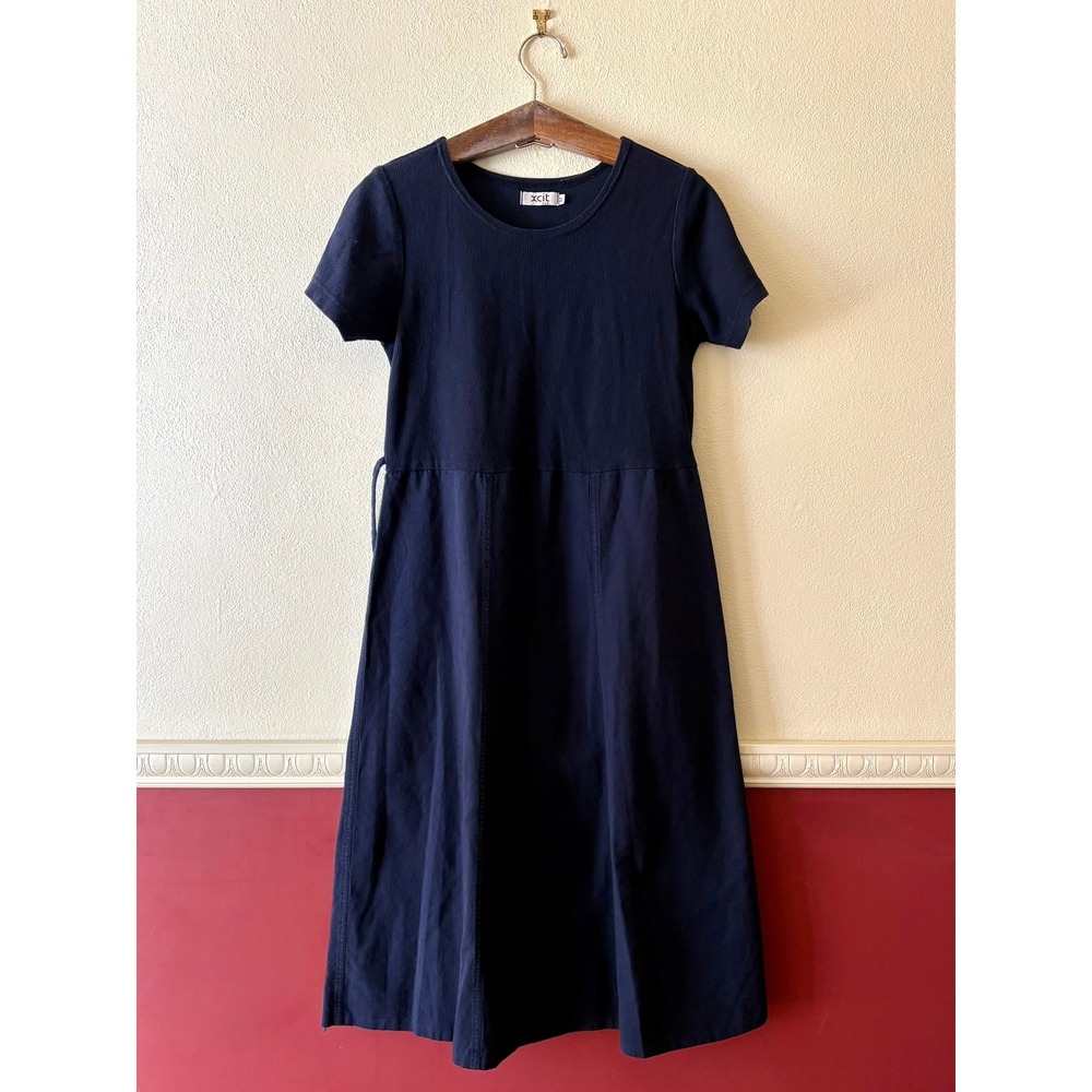 Vintage Xcit Tie Back Midi Dress Navy Blue Ribbed Bodice M Neutral Cottage Y2K - Picture 7 of 9